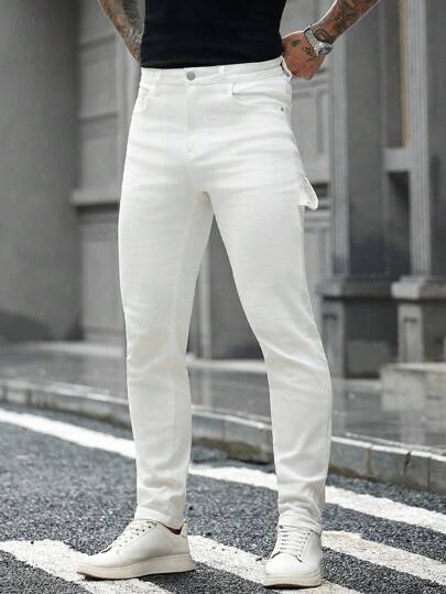 Manfinity Homme 1pc Men's White Denim Cargo Pants With Side Pockets, Ideal For Casual Modern And Everyday Wear. Long Length Ensures Versatile Styling For Men And Teen Boys. Breathable Solid Color Thick Casual Jeans For Men, Suitable For City Walking, Parent-Child Outdoor Activities, All Season It Is A Great Gift For Your Boyfriend Or Husband.