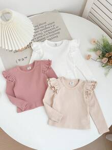 SHEIN LMoss Kids 年轻女孩纯色圆领荷叶边长袖休闲T恤