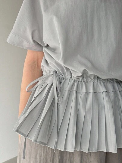 FRIFUL Women Loose Regular Collar Ruffle Hem Drawstring Solid Color Short Sleeve Casual Shirt, Spring And Summer Pleated Top Short Tops Tops For Skirts Aesthetic Tops Skirt And Shirt Set
