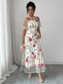 Elenzga Váy lưới thêu hoa hồng in họa tiết lá thanh lịch giản dị dành cho nữ - Nhiều màu - Xem 4