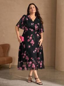 SHEIN Clasi Plus Size Women Floral Print Mesh Sleeve Crossed Wrap Elegant Dress Floral Dress Women Elegant Wrap Dresses For Women Floral Wrap Dress Rose Print Dress Black Floral Dress Fall Clothes Plus Size Fall Outfits Back To School Homecoming Country Concert Outfit Country Outfits Women Modest Dresses For Women Modest Old Money Wedding Guest Dress Women Dress For Wedding Guest Mother Of The Bride Dresses For Wedding Formal Dresses For Wedding Guest Dress For Wedding Birthday Dresses For Women Birthday Outfit Boho Fairycore - Multicolor - View 5