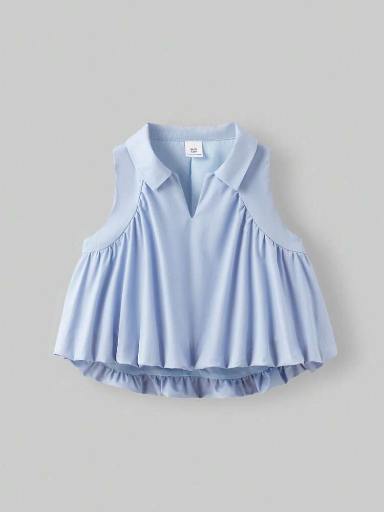 Tween Girls' Casual Loose Solid Color Lapel Blouson Tank Top