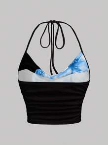 SHEIN EZwear Casual Minimalist Floral Print Halter Tie Front Crop Top, Versatile For Summer Floral Crop Top Suitable For Going Out - Multicolor - View 2