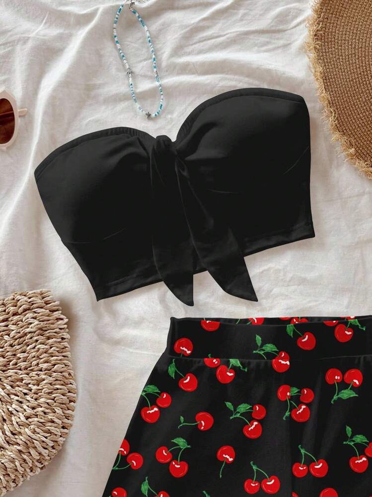 Soleia 黑色紧身胸衣和黑色红色樱桃印花甜美风格短裤两件套，休闲度假风格，适合夏季 - 彩色 - 查看 6