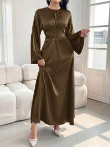 Modelyn 勃艮第红女士纯色缎面优雅束腰连衣裙，优雅晚会礼服长款晚礼服