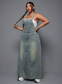 SHEIN EZwear Plus Size Women Summer Casual Loose Pocket Denim Jumpsuit Dress,Back To School