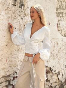 SHEIN ICON Deep V-Neck Lantern Sleeve Tie-Waist Women's Blouse - White - View 4