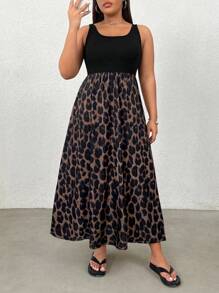 SHEIN EZwear 大码女式无袖豹纹拼布休闲夏装 - 棕色 - 查看 4
