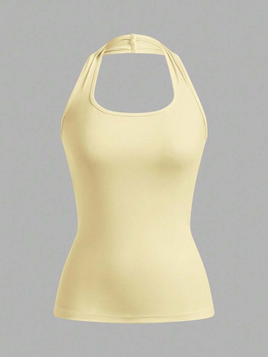 SHEIN EZwear Women Yellow Fitted Casual Racerback Tank Top, Suitable For Summer Butter Yellow Top Back To School - Yellow - View 1