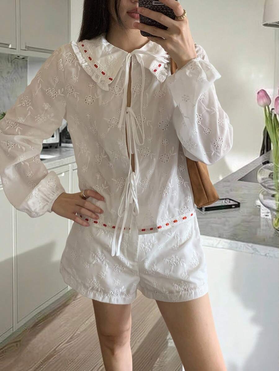 SHEIN EZwear 2pcs/Set Women's White Embroidery Tied Long Sleeve Top And Shorts Set - White - View 1