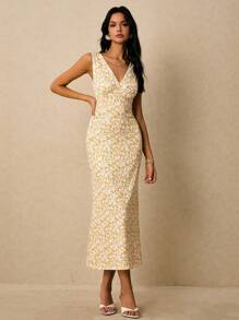 Poéselle 女式优雅夏季碎花无袖连衣裙 - 黃色 - 查看 7