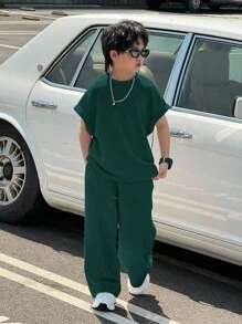 Tween Boy 休闲韩版宽松杏色百搭背心和长裤套装，适合通勤、上学、日常休闲、运动、春夏季度假 - 墨綠色 - 查看 7