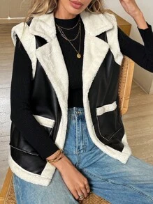 SHEIN LUNE Chaqueta sin mangas de mujer casual con bolsillos, de piel y peluda, chaleco de invierno cálido