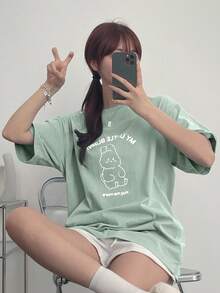 DAZY Camiseta casual de mujer con estampado de letra de dibujos animados, verano Pascua - Verde - Ver 5