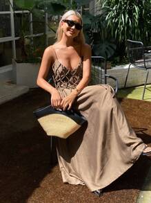 Livesso 纯色宽松 A 字形抽绳流苏装饰吊带连衣裙，女士休闲假日夏季长裙