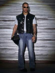 AXEPEAK 男士夏季时尚水钻装饰无袖牛仔上衣 - 黑色 - 查看 5