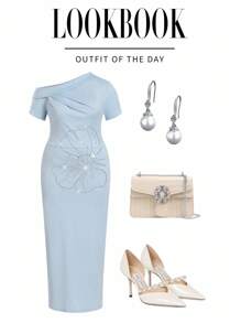 Modelyn Plus Size Solid Color Crystal Decor Asymmetric Neckline Short Sleeve Dress - Blue - View 1