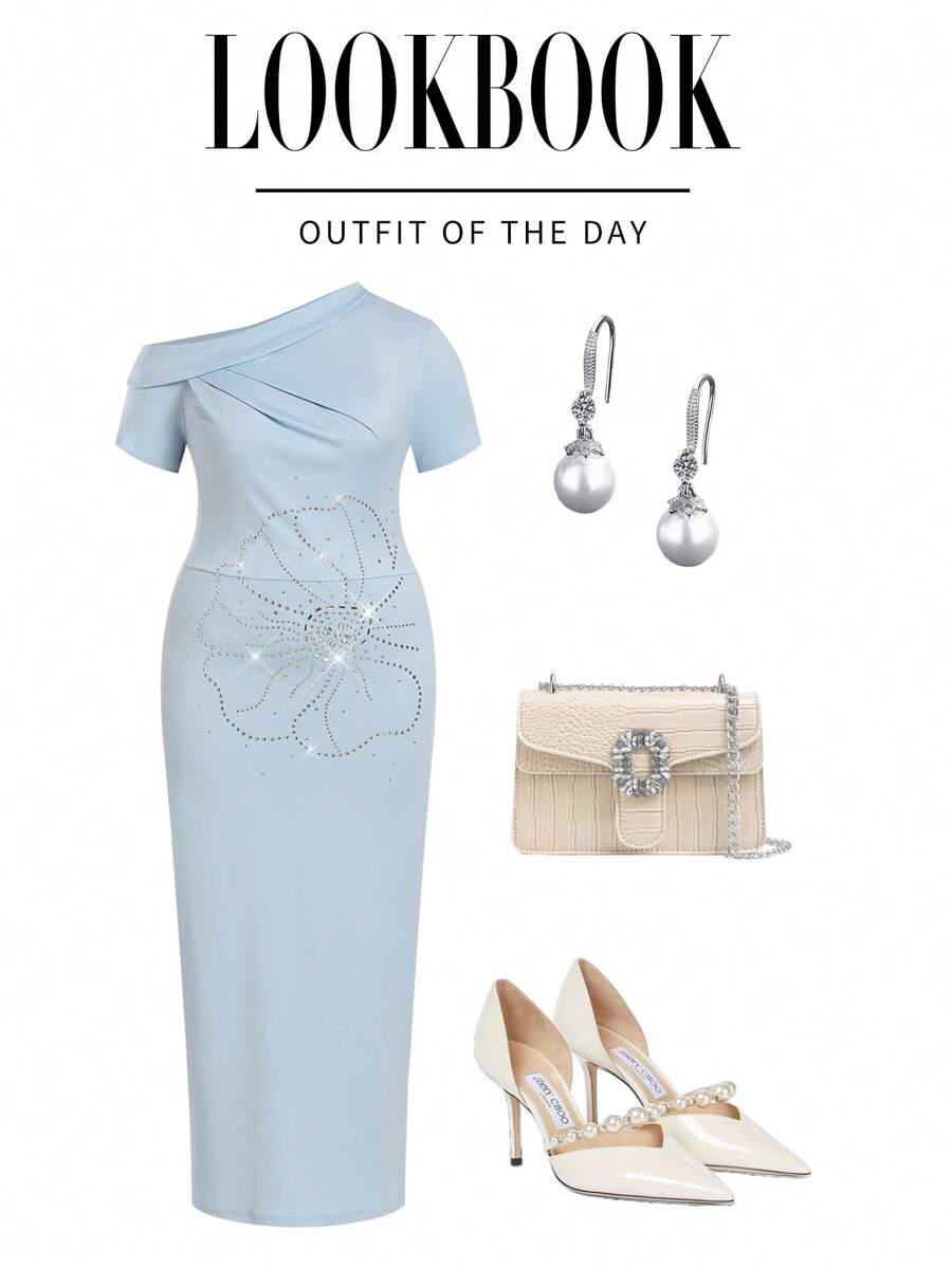 Modelyn Plus Size Solid Color Crystal Decor Asymmetric Neckline Short Sleeve Dress - Blue - View 1