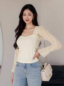 DAZY Women's Square Neck Lace Patchwork Slim Fit Short Elegant Long Sleeve T-Shirt - Beige - View 3