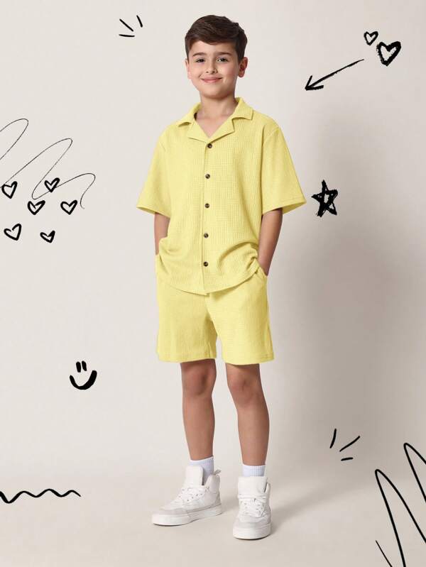 SUMWON Camisa de verano informal, ligera y cómoda para vacaciones, con cuello de sport, botones y manga corta, en tejido texturizado de trama de gofre