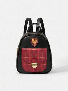 HARRY POTTER X SHEIN Mochila con cremallera y gráfico de letras de color contrastante, mochila escolar - Rojo - Ver 2