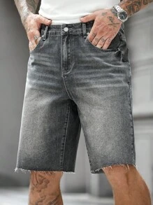 Manfinity Homme Men's Casual Denim Shorts With Frayed Edges Pocket & Contrast Color - Grey - View 1