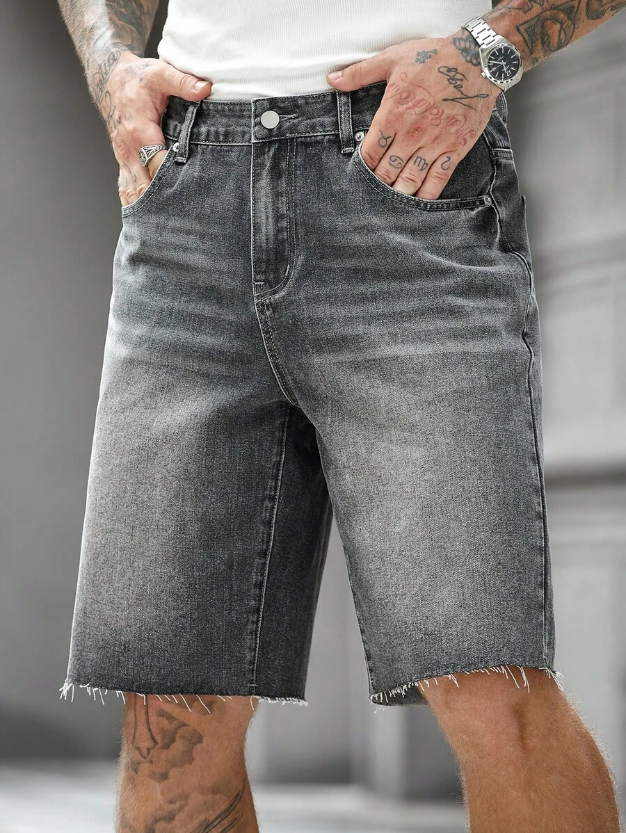 Manfinity Homme Men's Casual Denim Shorts With Frayed Edges Pocket & Contrast Color - Grey - View 1