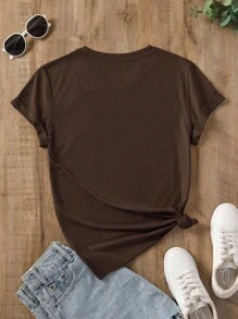 SHEIN Áo thun cổ tròn tay ngắn màu trơn cỡ lớn thường ngày, mùa hè - Màu nâu Sô-cô-la - Xem 2