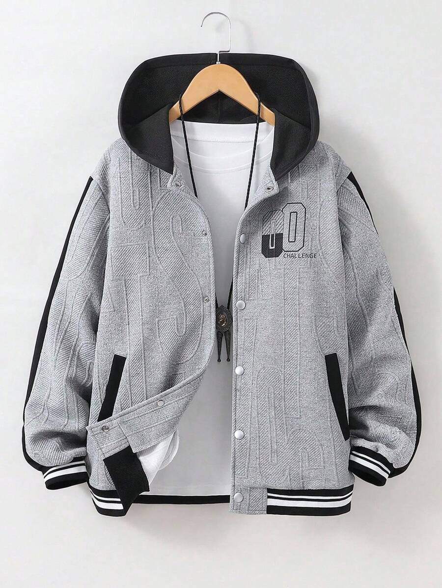 Chaqueta de estilo casual con textura, estampado de letras y gráficos, y aplicaciones, adecuada para adolescentes varones en uso diario y salidas en otoño/invierno - Multicolor - Ver 1