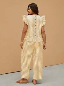 Elaquor 2pcs Plus Size Women's Checkerboard Cap Sleeve Summer Ruffle Hem Top And Pants Set - Yellow - View 6