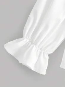SHEIN 青少年女孩荷叶边领灯笼袖学院风休闲百搭白衬衫，优雅宫廷风白衬衫 - 白色 - 查看 4
