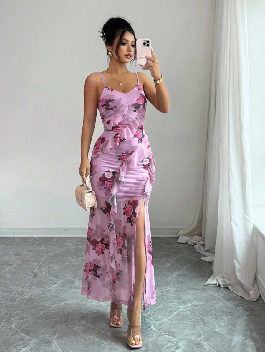 Elenzga Damen Neue Romantisches Volant Saum Elegantes Maxikleid mit Schlitz