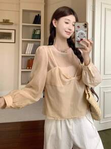 DAZY Women's Casual Round Neck 2 In 1 Long Sleeve Shirt,Fall Women Clothes