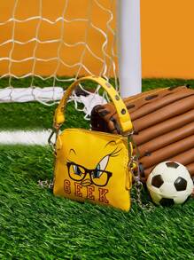 LOONEY TUNES X SHEIN Women's Fashion Personalized Minimalist Cool Streetwear Yellow Print Rivet Handbag, Shoulder Bag, Small Crossbody Bag (3-In-1 Style) - Yellow - View 3