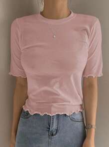 DAZY Camiseta ajustada de unicolor para mujer con detalles de volantes para el verano