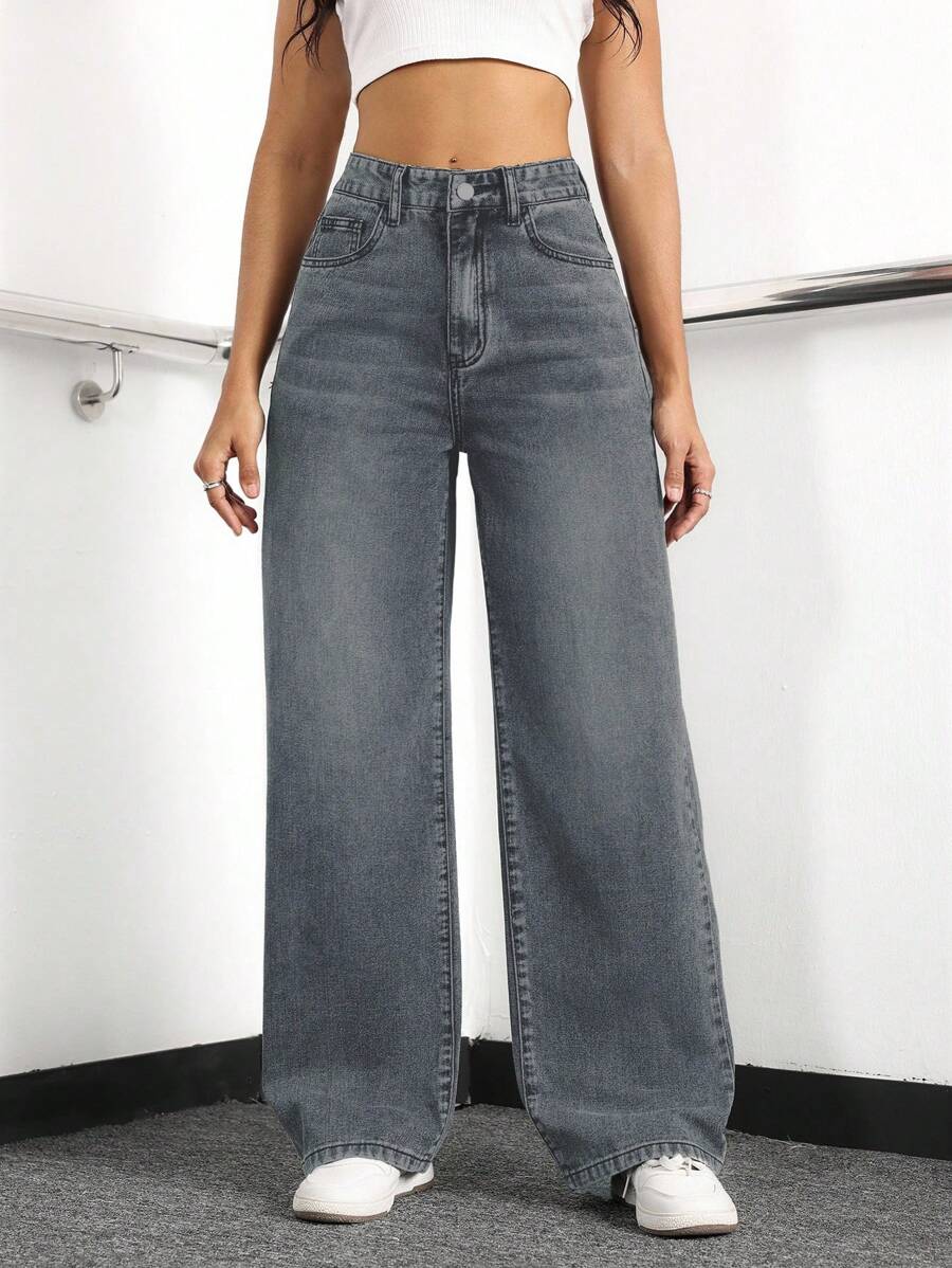 SHEIN Jeans casuales de ajuste holgado para mujer con bolsillos laterales y diseño de pierna ancha