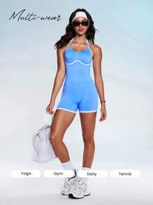 Eassivo Women's Athletic Light Blue Sports Jumpsuit, Sleeveless Spaghetti Strap Short Romper With Stylish White Contrast Binding, Perfect For Yoga, Gym, And Active Living.