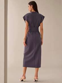 Lilora 灰色抗皱无袖衬衫裙，配有领带、腰带和口袋，适合度假、约会、街头、通勤、春夏季休闲装