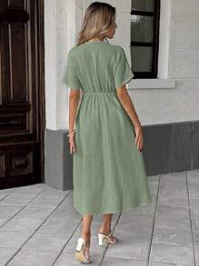 SHEIN LUNE Robe mi-longue à manches courtes casual avec nœud, couleur abricot, pour femmes