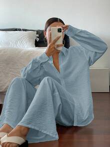 DAZY 女士宽松休闲长袖上衣，夏季新旧货币风格商务装 - 藍色 - 查看 1