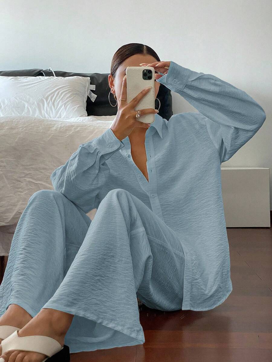 DAZY 女士宽松休闲长袖上衣，夏季新旧货币风格商务装 - 藍色 - 查看 1