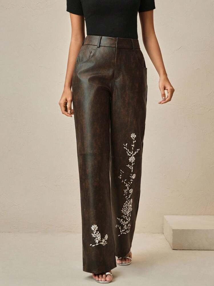 Ladies' Autumn And Winter Leather PU Fabric, Heavy Craftsmanship, Handmade Nail Drill Positioning, Nail Drill Fashion, Elegant Pants