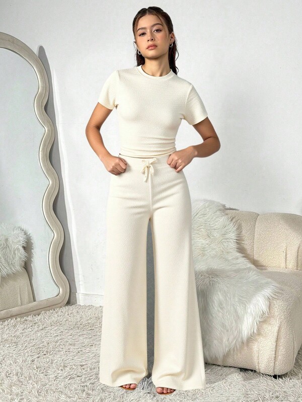 SHEIN 2 Stück/Set Strukturstoff Teenager Mädchen Stehkragen Kurzarm T-Shirt + lässige lange Hose
