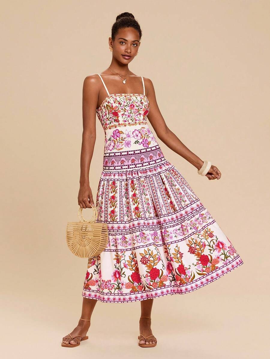 Travachic Boho Midi Dress With Floral Plant Print And Flared Hem For Summer Floral Summer Vacation - Multicolor - View 1