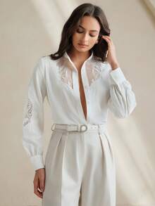 Anewsta Elegant Fashionable Sheer Mesh Embroidered Design White Blouse, Business - White - View 4