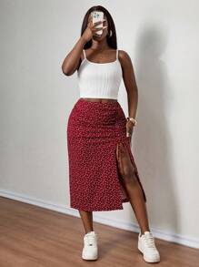 SHEIN PETITE CURVE Plus Size Women 2pcs Set - Solid Color Cami Top And Polka Dot Print Drawstring Hem SkirtSummer Outfits For Women Two Piece Skirt Set Summer Skirt Set, Summer Outfits For Women, Suitable For People Of Shorter Stature