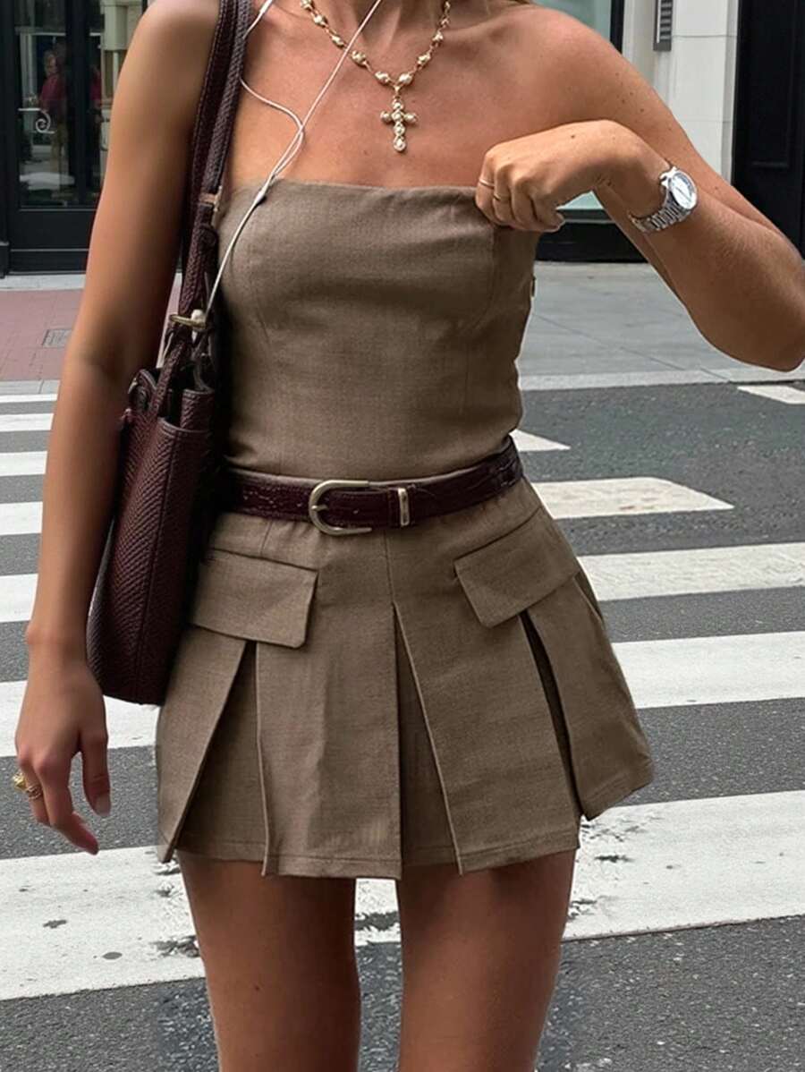 SHEIN Essnce Women Casual Commuting Bandeau Top And Pleated Skirt Set - Coffee Brown - View 1