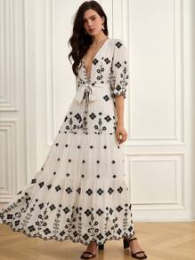 GENKIRA Elegant Double-Sided Tencel Linen Embroidered Sexy Deep V-Neck Belted Mid-Sleeve Dress - Multicolor - View 7