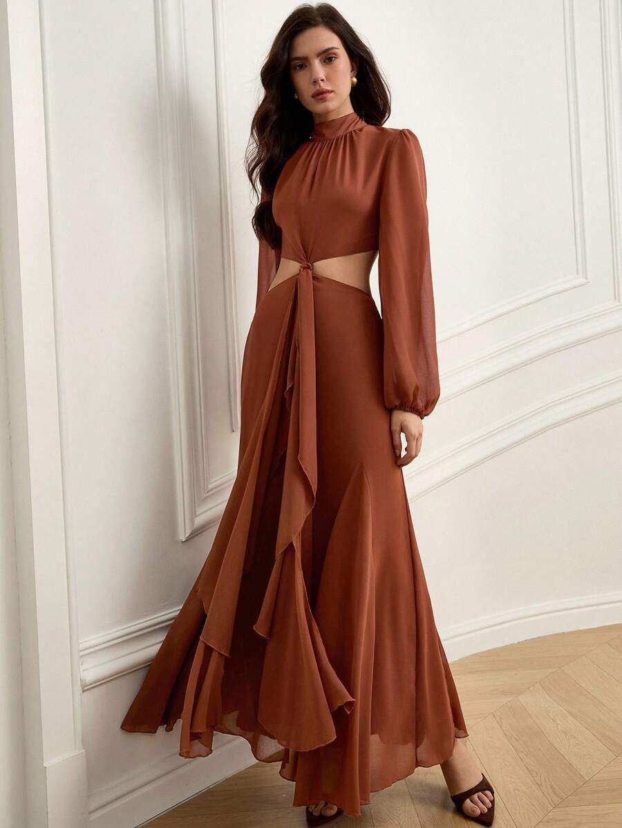 Aveloria 波西米亚风格彩色灯笼袖短款扭褶荷叶边下摆雪纺露背长袖连衣裙，秋季时尚