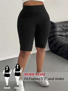 SHEIN PETITE CURVE Plus Size Women Plain Color Casual Basic Leggings, Suitable For Summer Short Leggings Mid-Thigh Shorts, Suitable For People Of Shorter Stature
